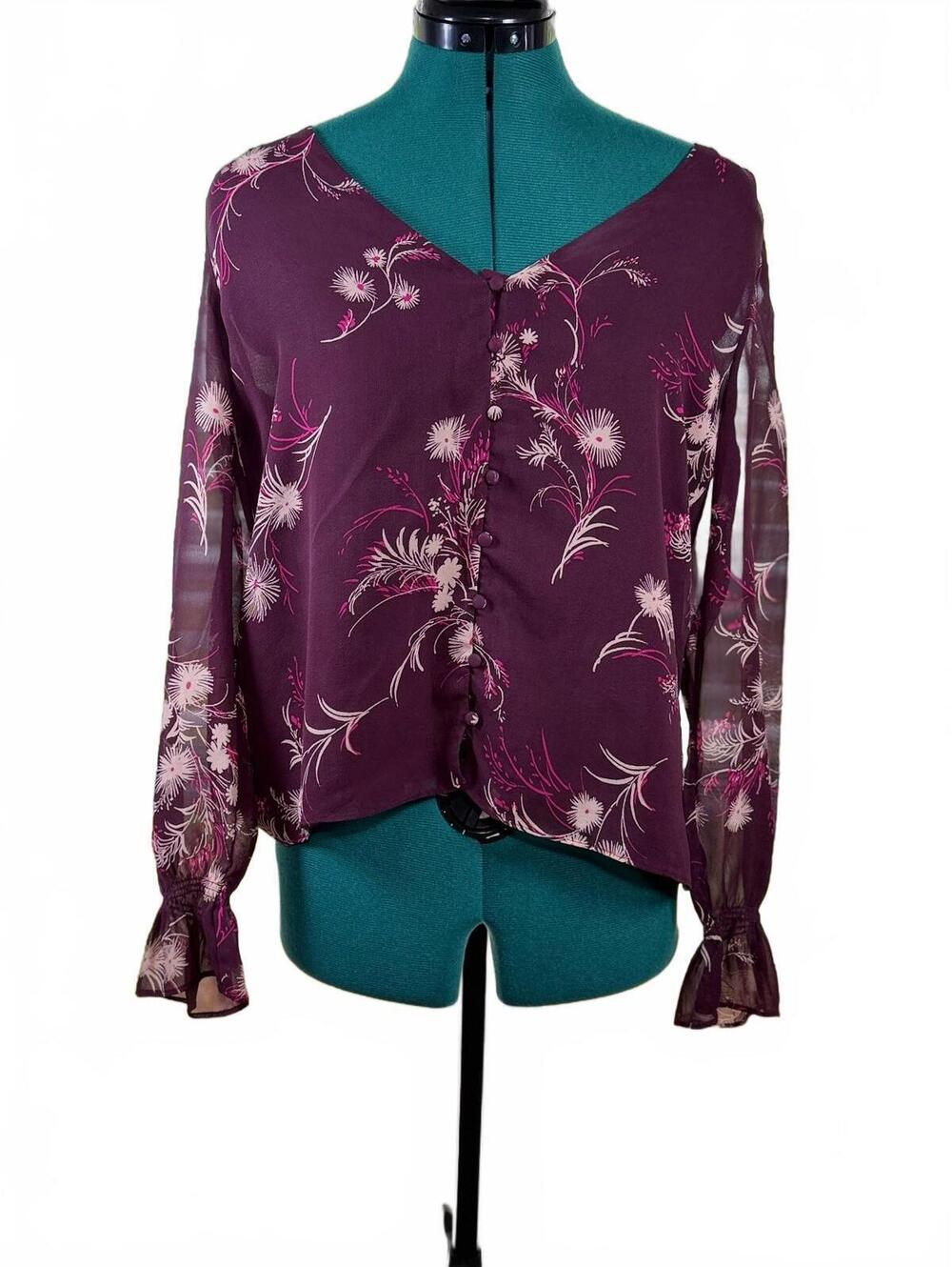 Joie 100% Silk Floral Blouse S Burgundy Sheer Sleeve Ruffle Cuff Button Front - Picture 2 of 10
